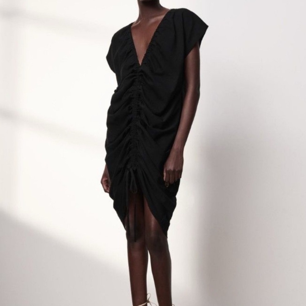 Zara Women Black Gathered Tunic Ruched Mini Dress